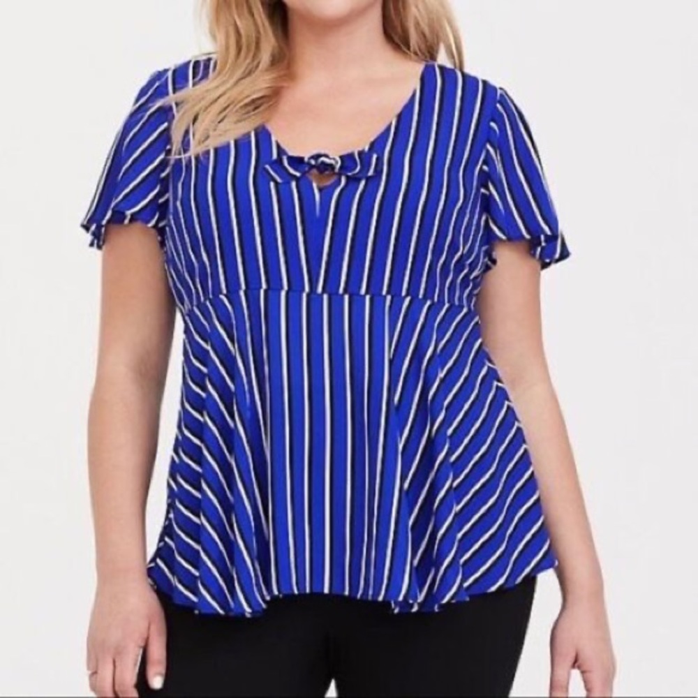Torrid royal blue with white and black stripes georgette blouse.